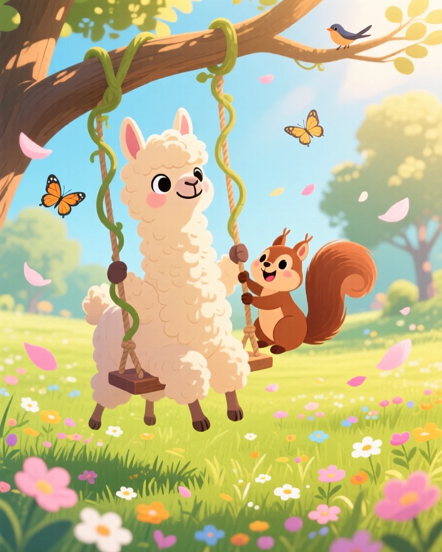 Near a sunlit meadow, a proud llama is swinging from a vine alongside a small woodland friend, with petals drifting gently down.