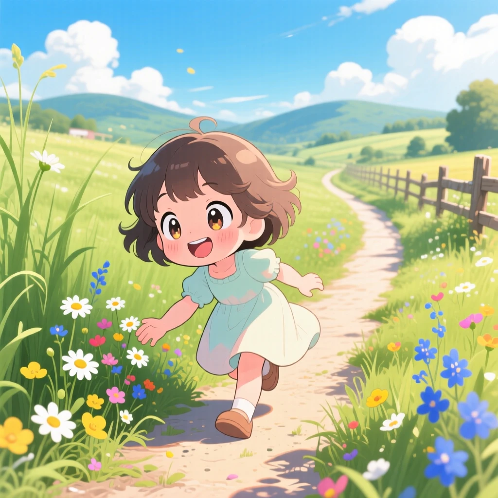 In a sunlit rural path, a small girl is picking wildflowers along a countryside trail during a light summer breeze, bathed in bright midday sun, expression full of giggling amusement. Shot as a dynamic diagonal composition.