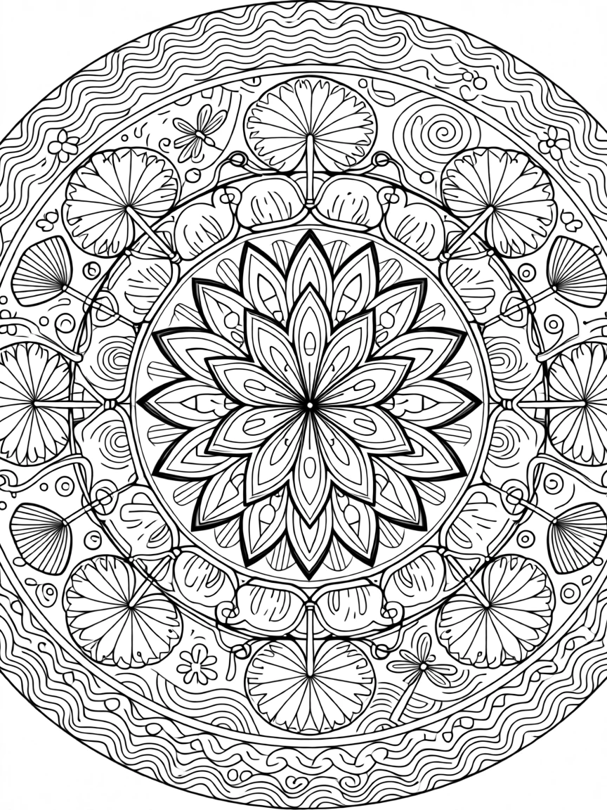 A mandala shaped like a lotus pond viewed from directly above.
