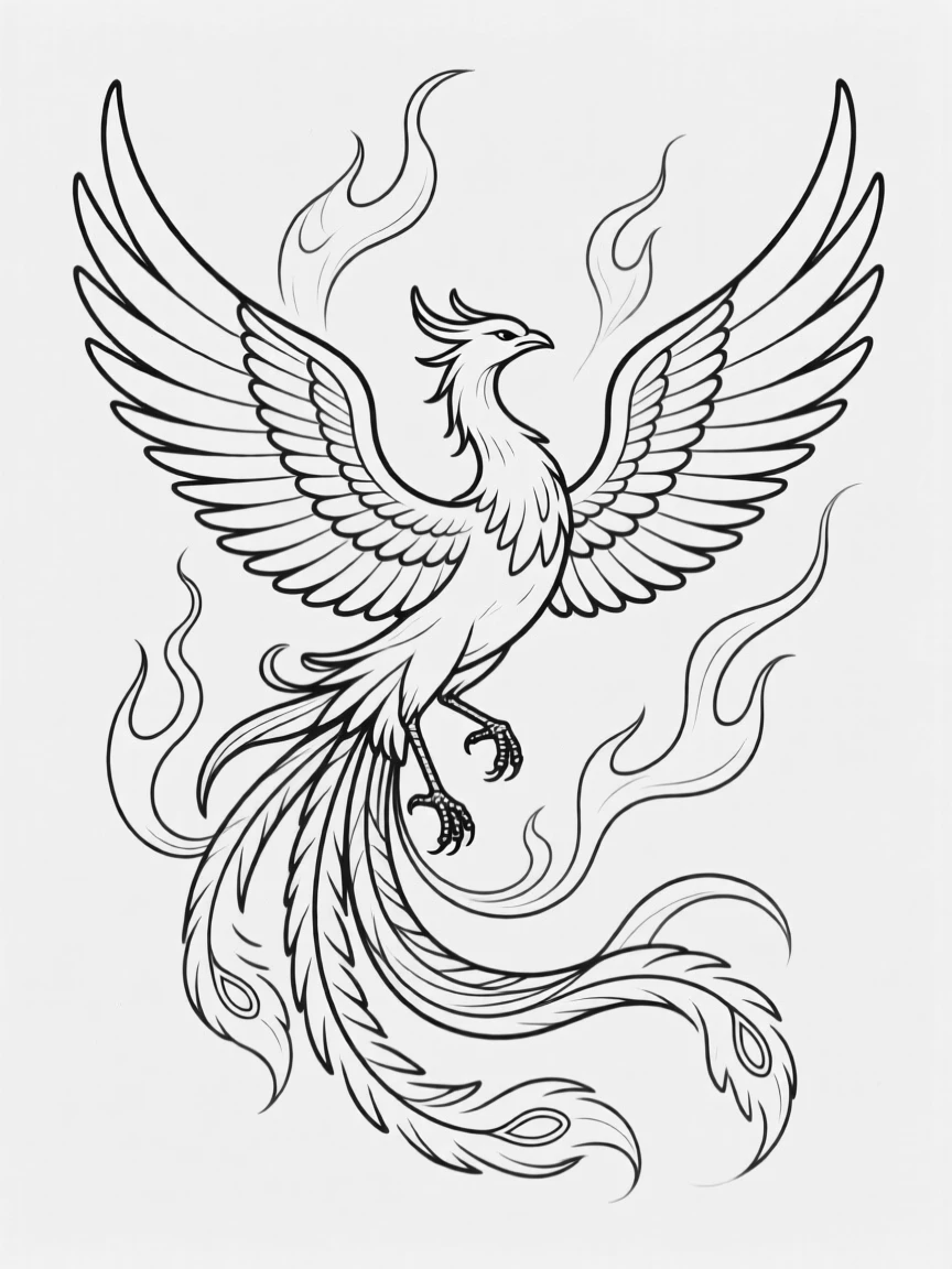 A phoenix rising with wings spread wide amid swirling embers