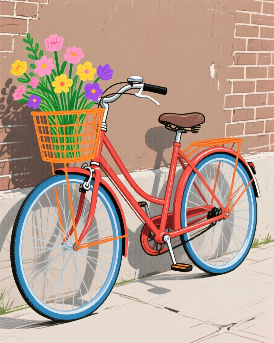 A vintage bicycle with a basket of flowers leaning against a wall.