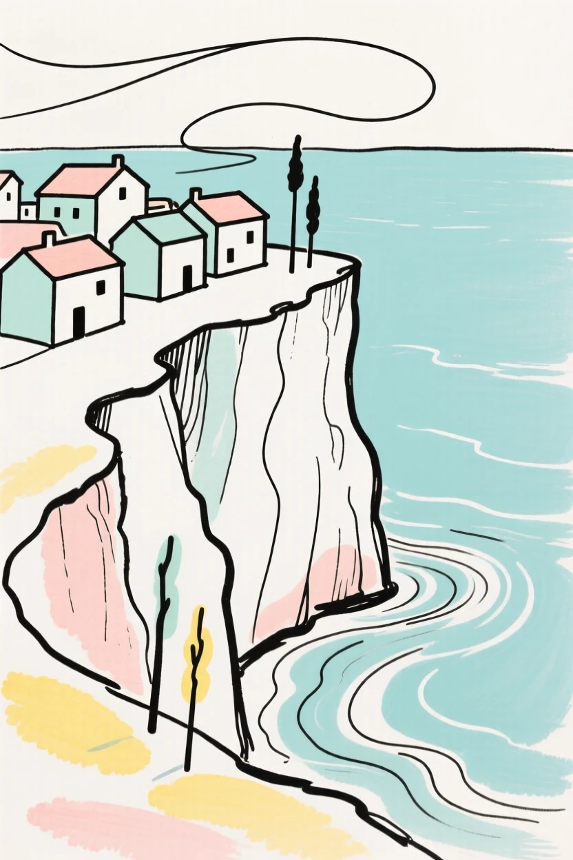 A cliffside village overlooking the sea