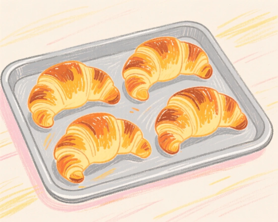 A tray of golden croissants fresh from a bakery oven.