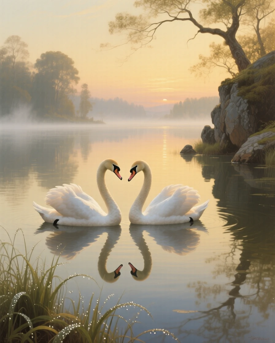 A pair of swans gliding gracefully across a still, mirrored lake in a fleeting instant of natural beauty rarely witnessed, set within an untouched wilderness far from human hands, with dew-covered grass, drifting mist, and soft golden light; strong natural framing from branches or rock formations draws the eye inward, filled with gentle warmth and admiration for living creatures.