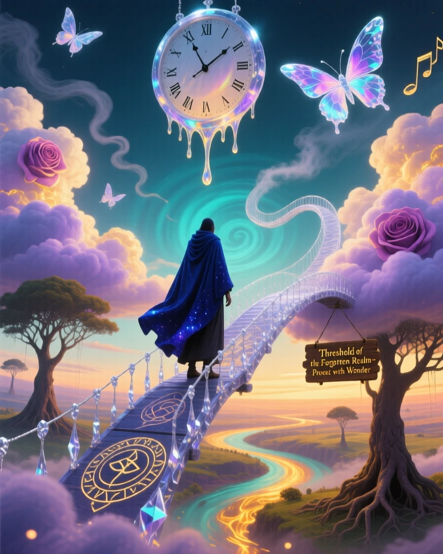A lone traveler crossing a bridge suspended between two clouds pauses thoughtfully at the edge of an unfamiliar world, while distant sounds drift softly through the surrounding air.