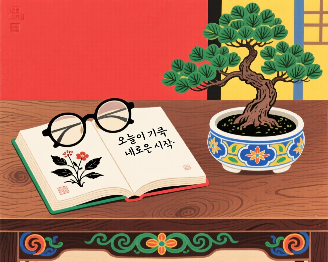 A pair of reading glasses resting atop an open diary beside a small potted bonsai.