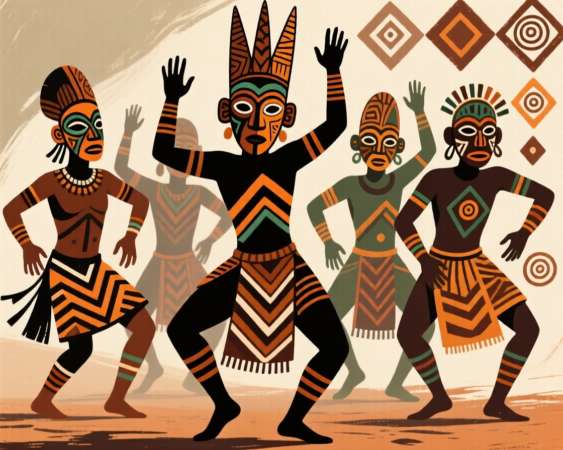 A group of masked dancers representing ancestral spirits.