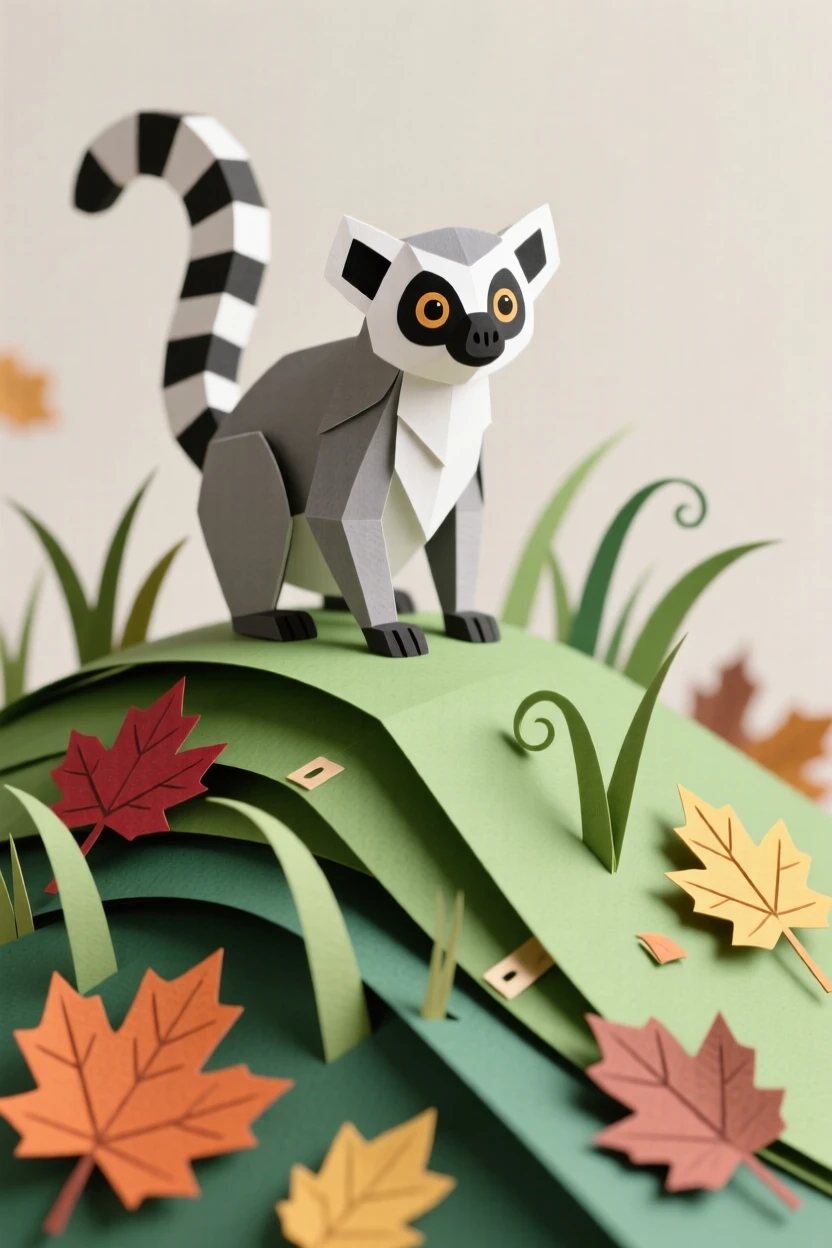 A curious lemur standing atop a grassy dune, with autumn leaves scattered around it, capturing playful joy and warmth.