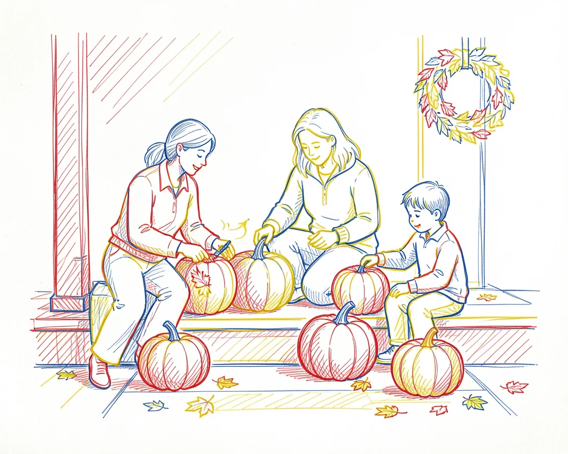 A family decorating pumpkins together on a porch in autumn