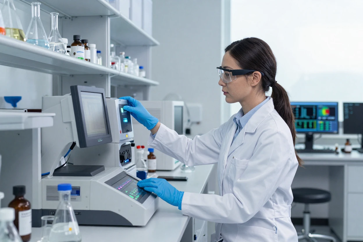 A scientist adjusting equipment in a high-tech laboratory