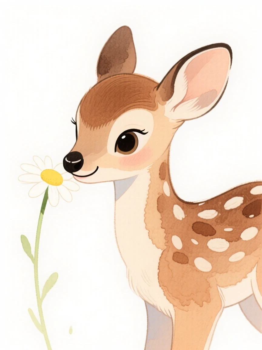 A spotted fawn sniffing a single daisy