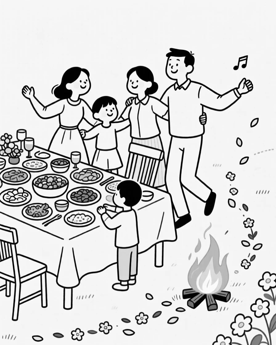 A family gathered around a beautifully set holiday table, swaying arm in arm to the crackling fire's rhythm, set at an outdoor table crowded with celebratory dishes. A trail of flower petals leads toward the celebration. There's a deep sense of belonging and festivity in the air.