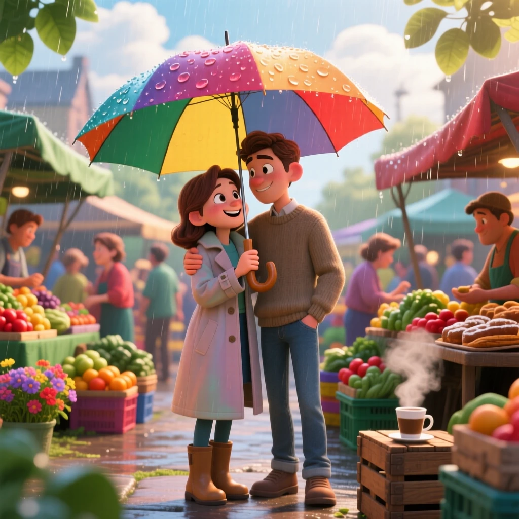 A young couple sharing an umbrella in light rain is captured at a sunny farmers market bustling with vendors, with steam rising gently from a nearby cup. The atmosphere feels cozy, human, and full of small joys.