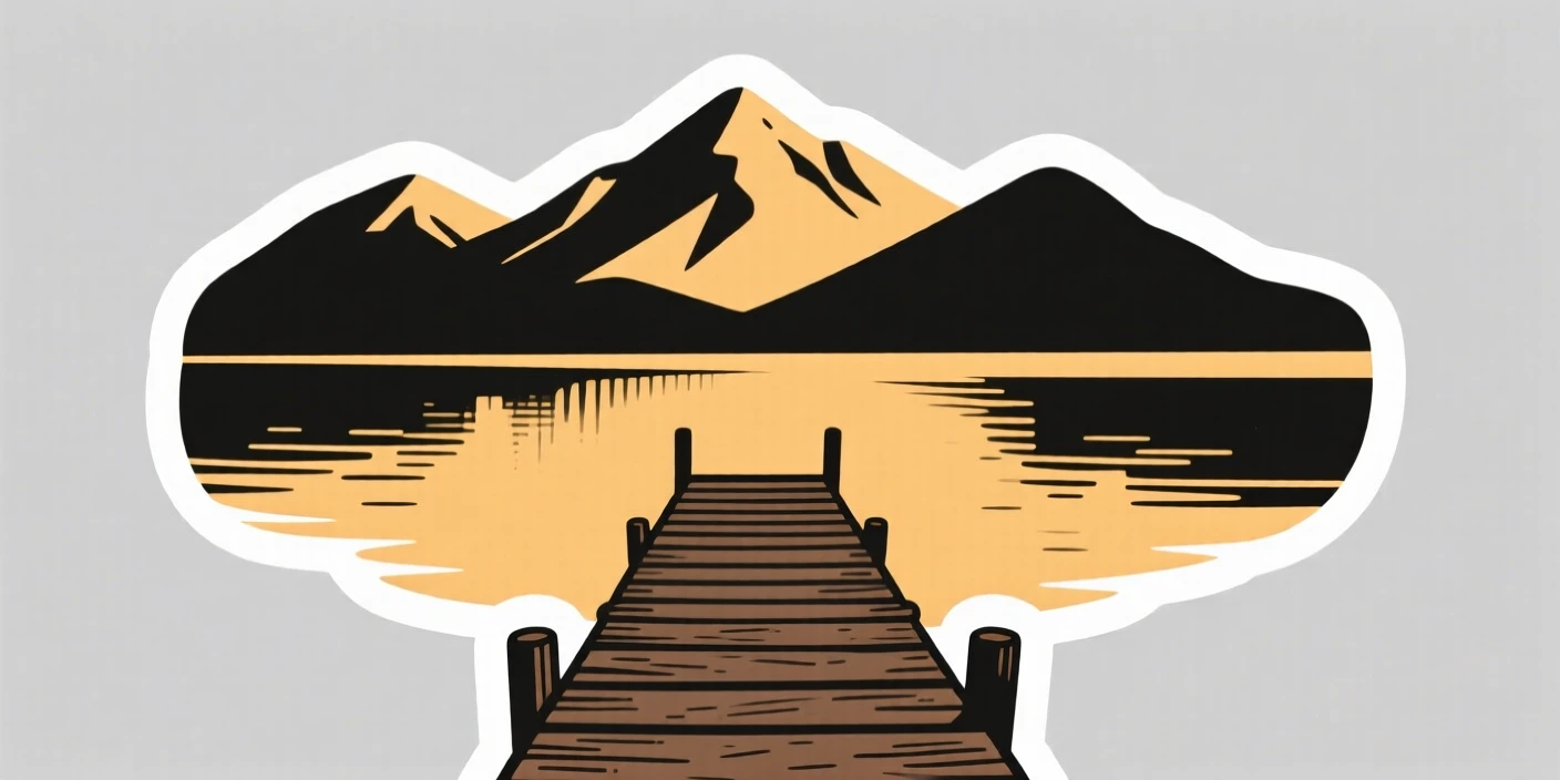 An idyllic mountain lake with a single wooden dock, bathed in golden hour light, untouched and wonderfully quiet.