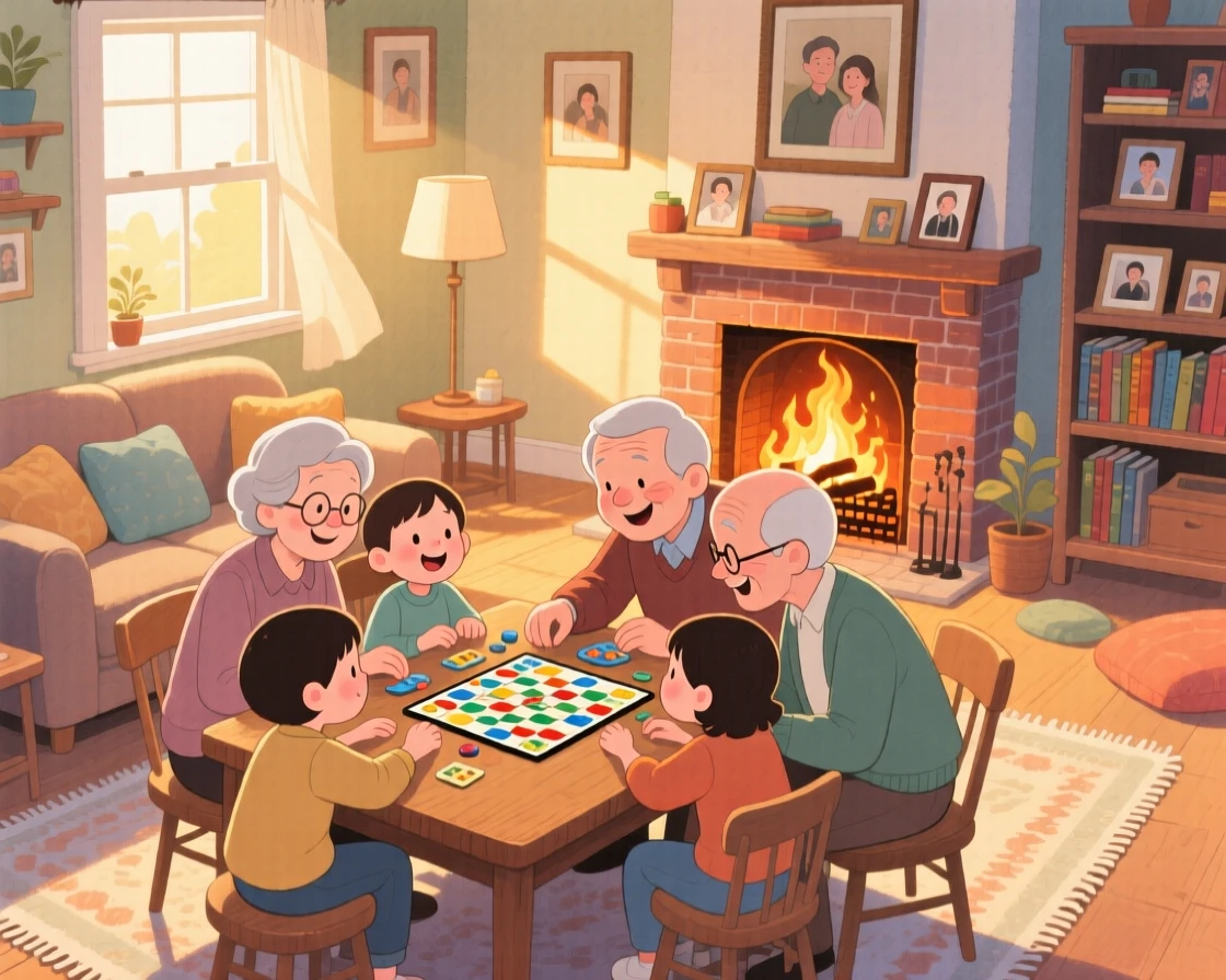 Grandparents and grandchildren gathered around a table playing a board game, in a cozy living room with a crackling fireplace, with warm golden hour lighting, warmth and joy of a multigenerational family.
