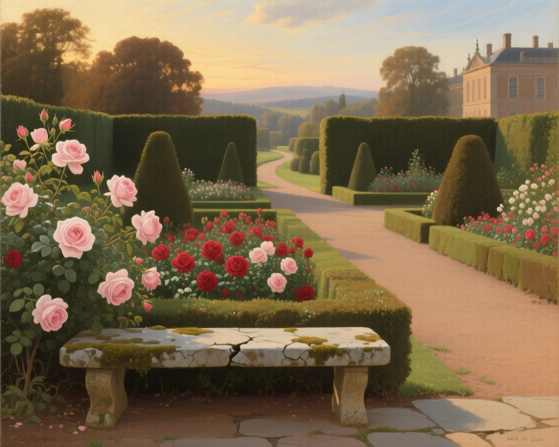 A formal palace garden with symmetrical hedges and blooming rose beds glowing under the last light of a fading afternoon, set within reach of a winding country path, with a weathered bench or stone path inviting quiet contemplation; a single striking element anchors an otherwise open, breathing composition, evoking peace, wonder, and quiet renewal.