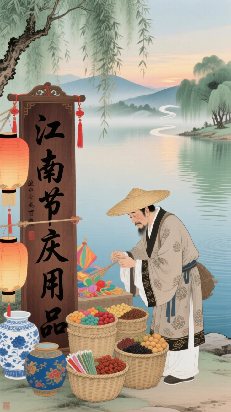 A traveling merchant preparing for tomorrow's festival at the edge of a quiet lake