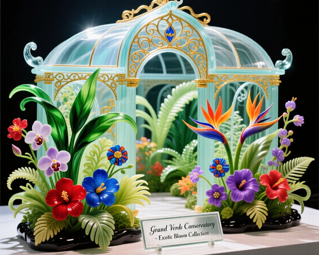 A grand greenhouse conservatory filled with exotic blooming plants, lush and radiant.