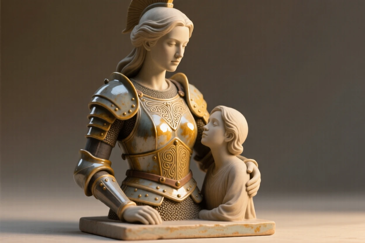 A warrior queen standing tall in ceremonial armor leaning gently toward a loved one, illuminated by a warm, golden glow, evoking tenderness and quiet intimacy.