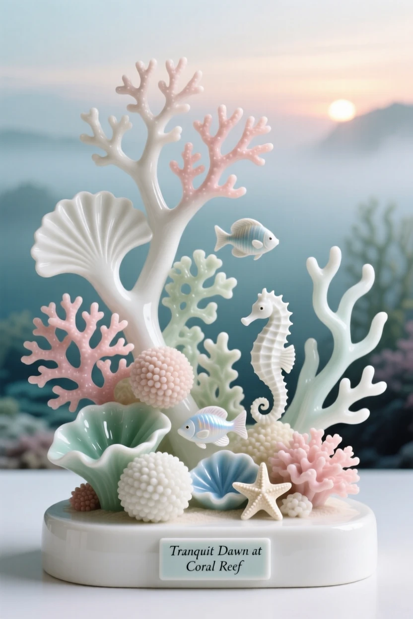 A tranquil coral reef teeming with color, mist rising gently at dawn.