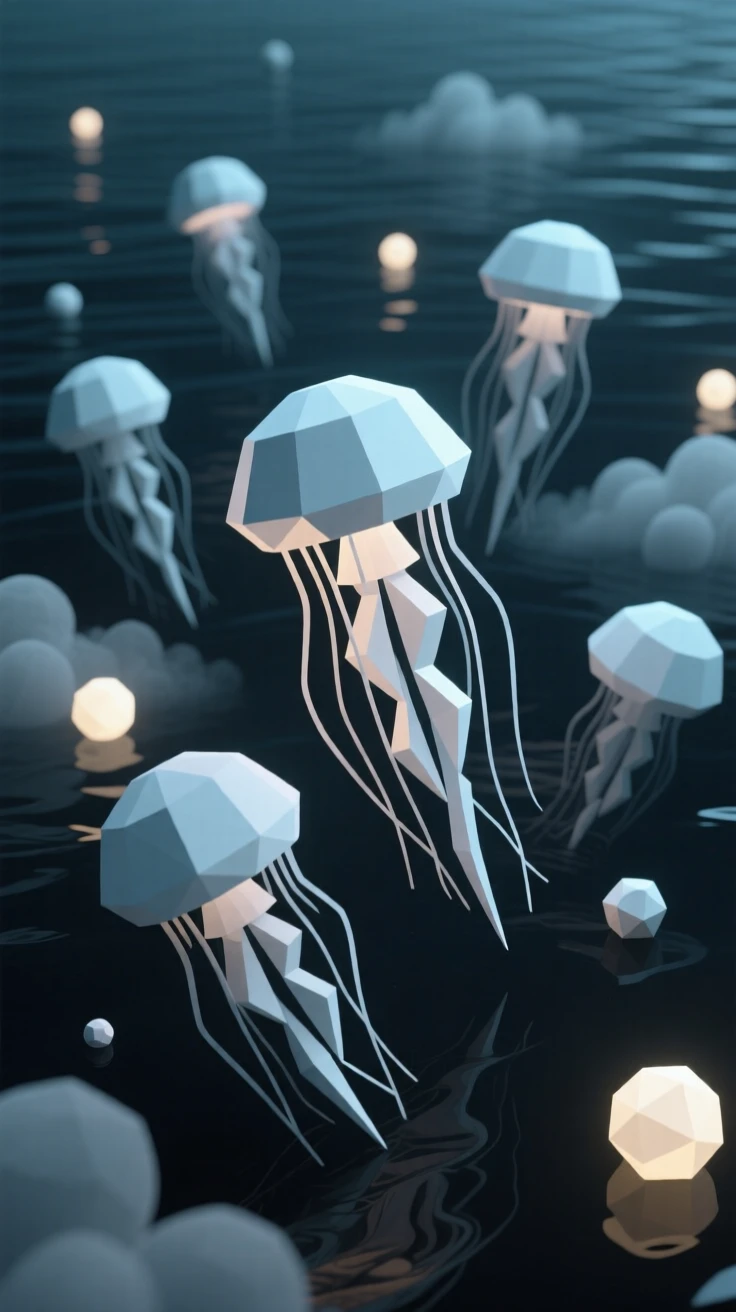 A school of glowing jellyfish drifting in dark water, surrounded by soft glowing mist. soft glowing light sources create a sense of depth and scale. The atmosphere feels serene yet infinite.