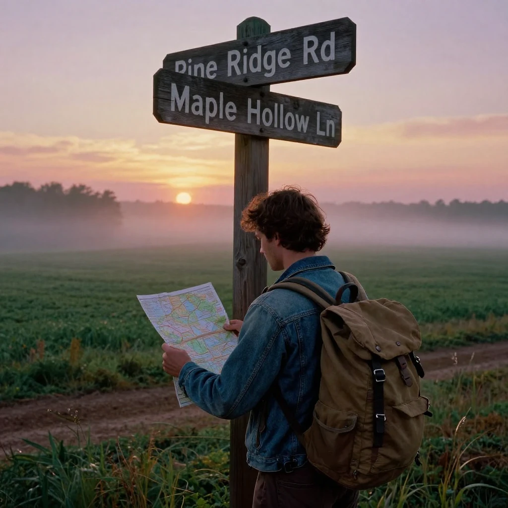 A backpacker studying a paper map at a rural crossroads, under a glowing sunset sky, in thick rolling fog, as summer fades into fall, with deep emerald greens and browns, over the shoulder of the main subject.