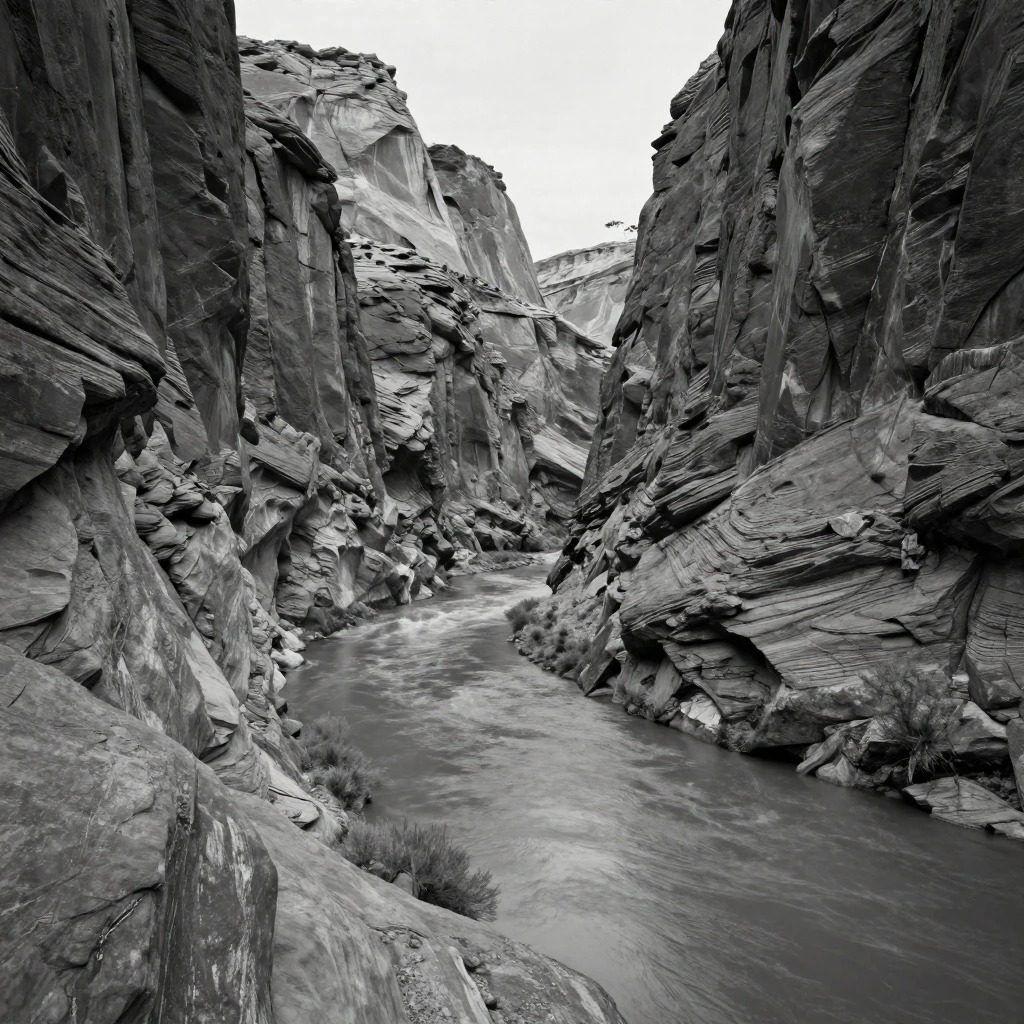A winding river carves its way through a narrow canyon beneath towering canyon walls.