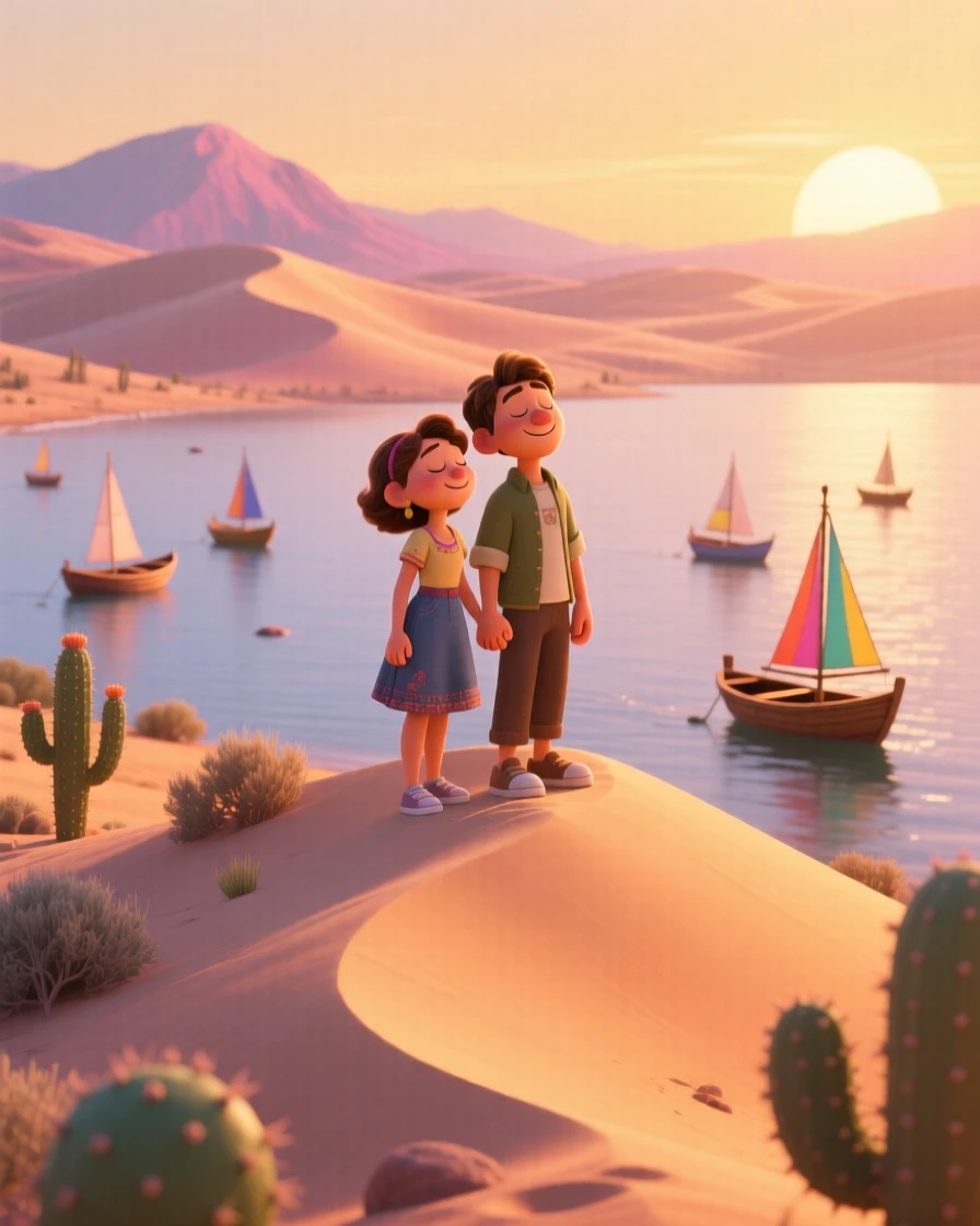 A couple holding hands stands along a desert dune ridge at golden hour, pausing to breathe in the fresh mountain air. A warm sense of gratitude and wanderlust colors the moment, with small boats bobbing in the distance.