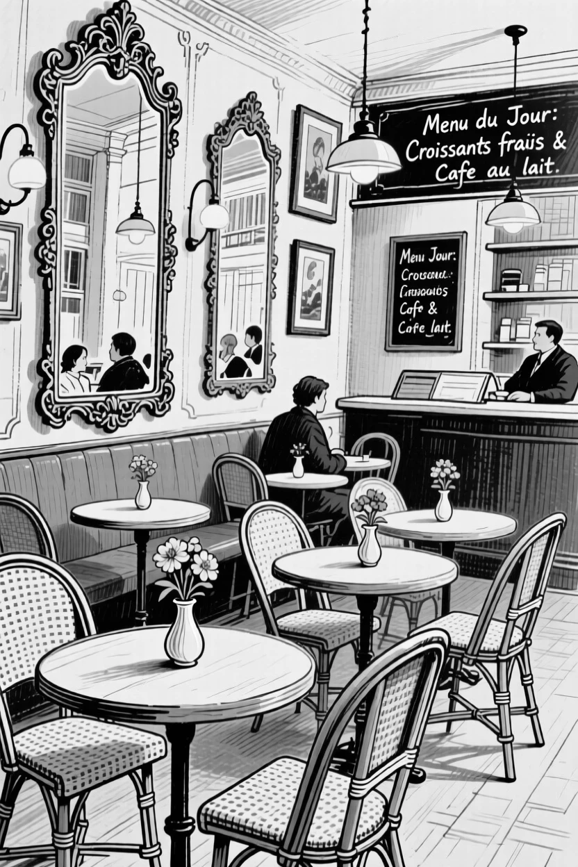 A charming Parisian café interior with small round tables and vintage mirrors.