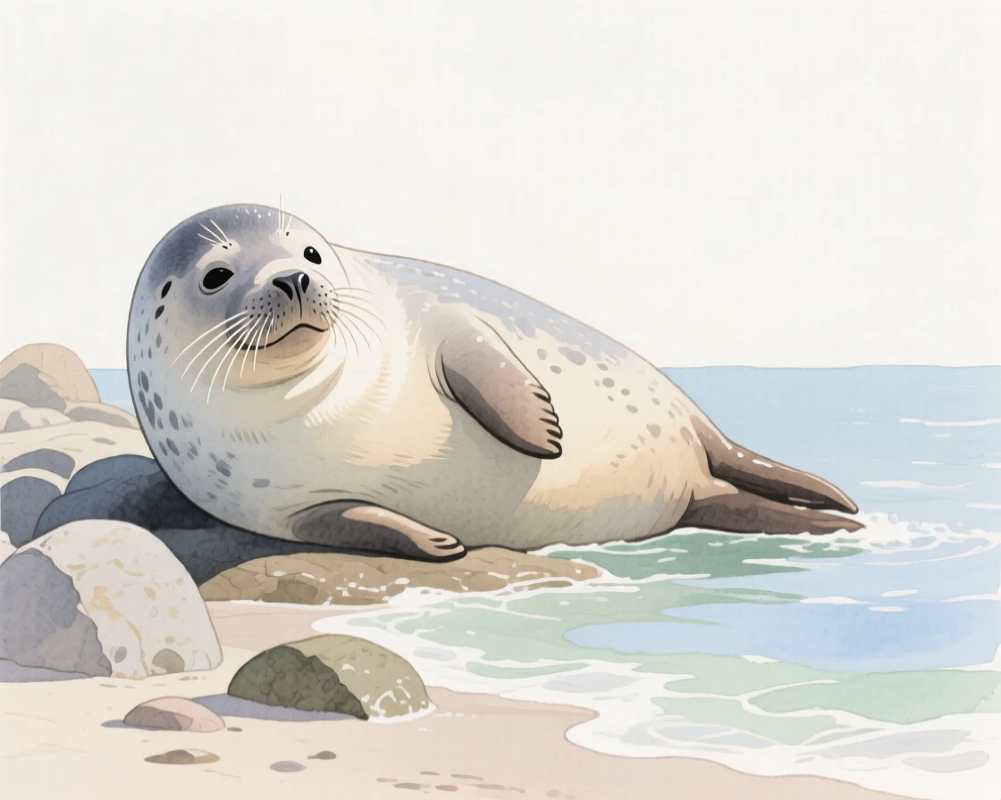 A chubby seal pup lies on a rocky shoreline, whiskers glistening, waves gently lapping nearby