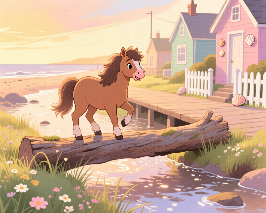 A shetland pony balancing on a log across a gentle stream, set in a seaside boardwalk at golden hour, sparking a feeling of tender nostalgia.