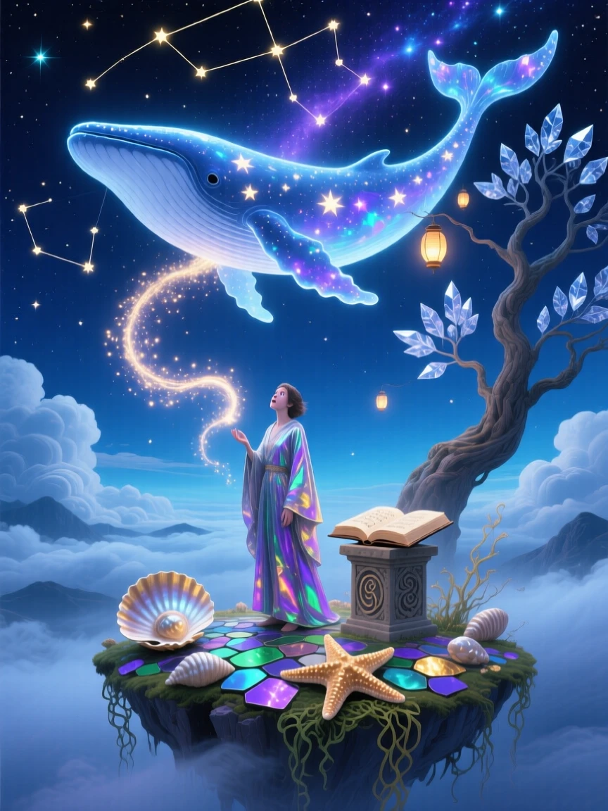 A night sky where constellations form the outline of a giant whale illuminates a single figure standing in awe beneath it, as clouds part gently to reveal deeper layers of stars beyond.