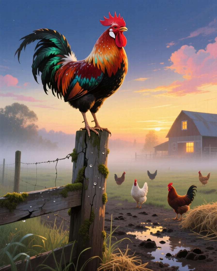 A proud rooster crows atop a weathered fence post as the sun rises over a misty farmyard, chickens scattering across the muddy ground below, small details in its fur or feathers catching the light with remarkable clarity.