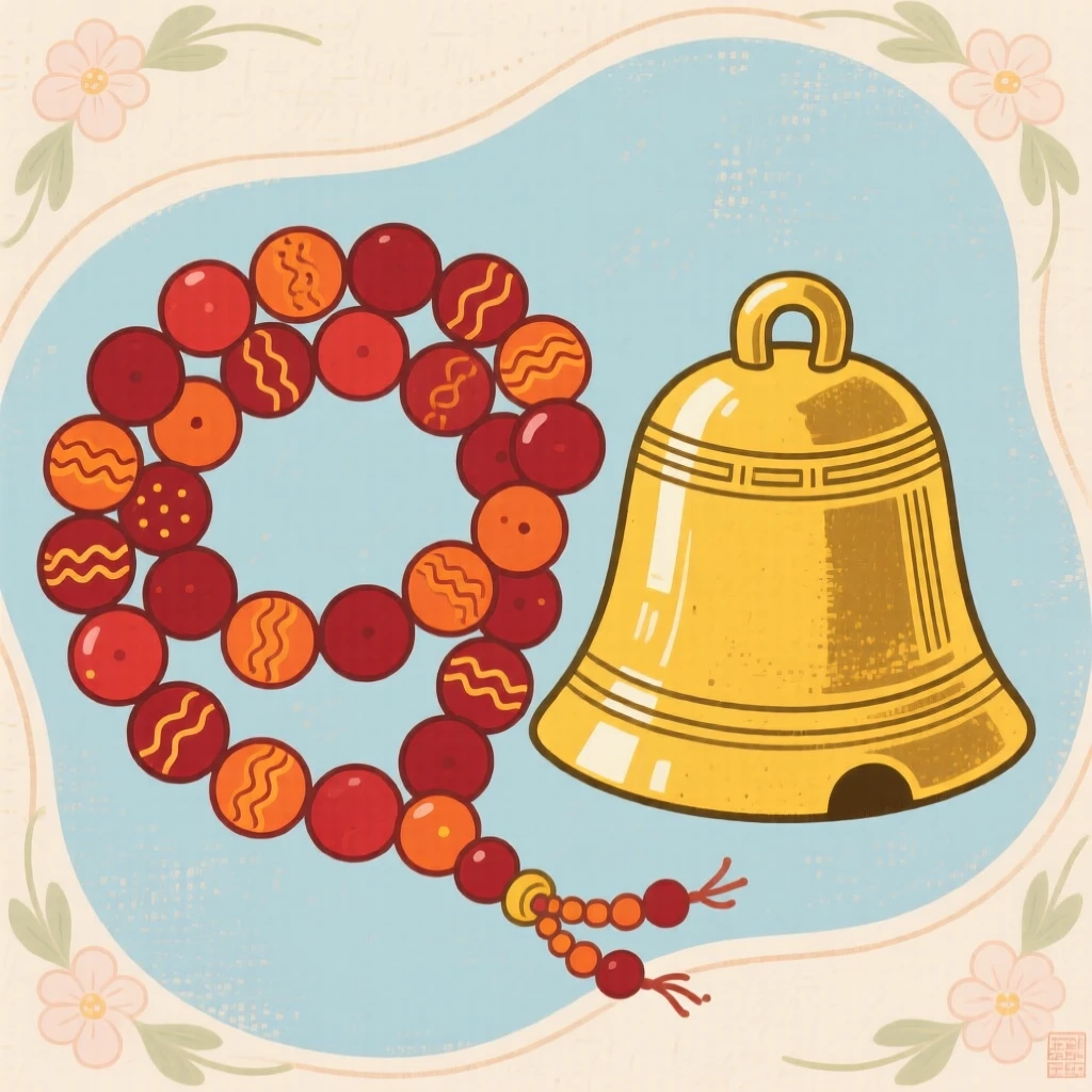 A string of prayer beads coiled beside a small brass bell.