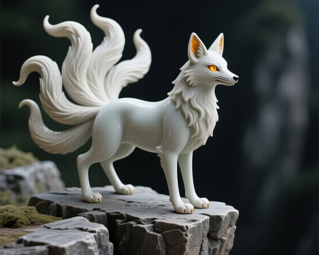 A kitsune with nine flowing tails perched watchfully at the edge of a cliff, its eyes glowing with an inner fire, filling the scene with mysterious, otherworldly beauty.