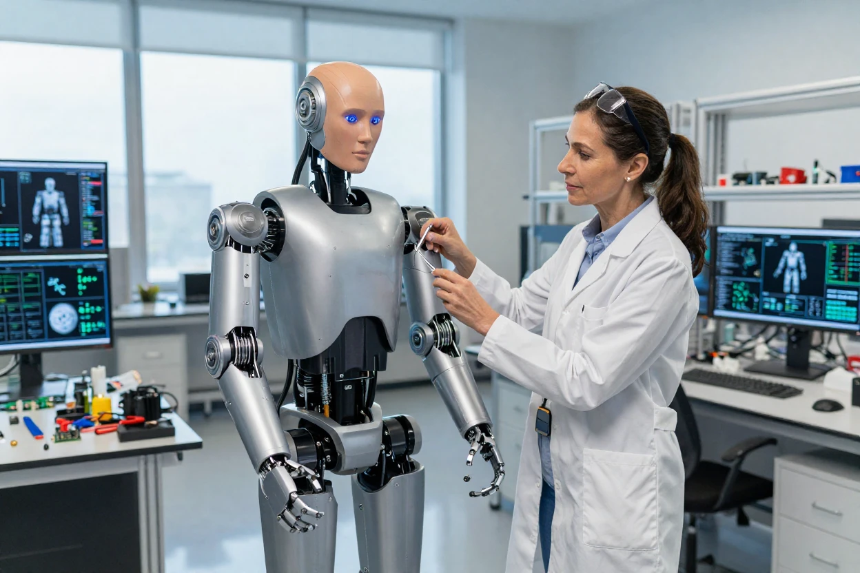 A robotics engineer testing a humanoid robot prototype
