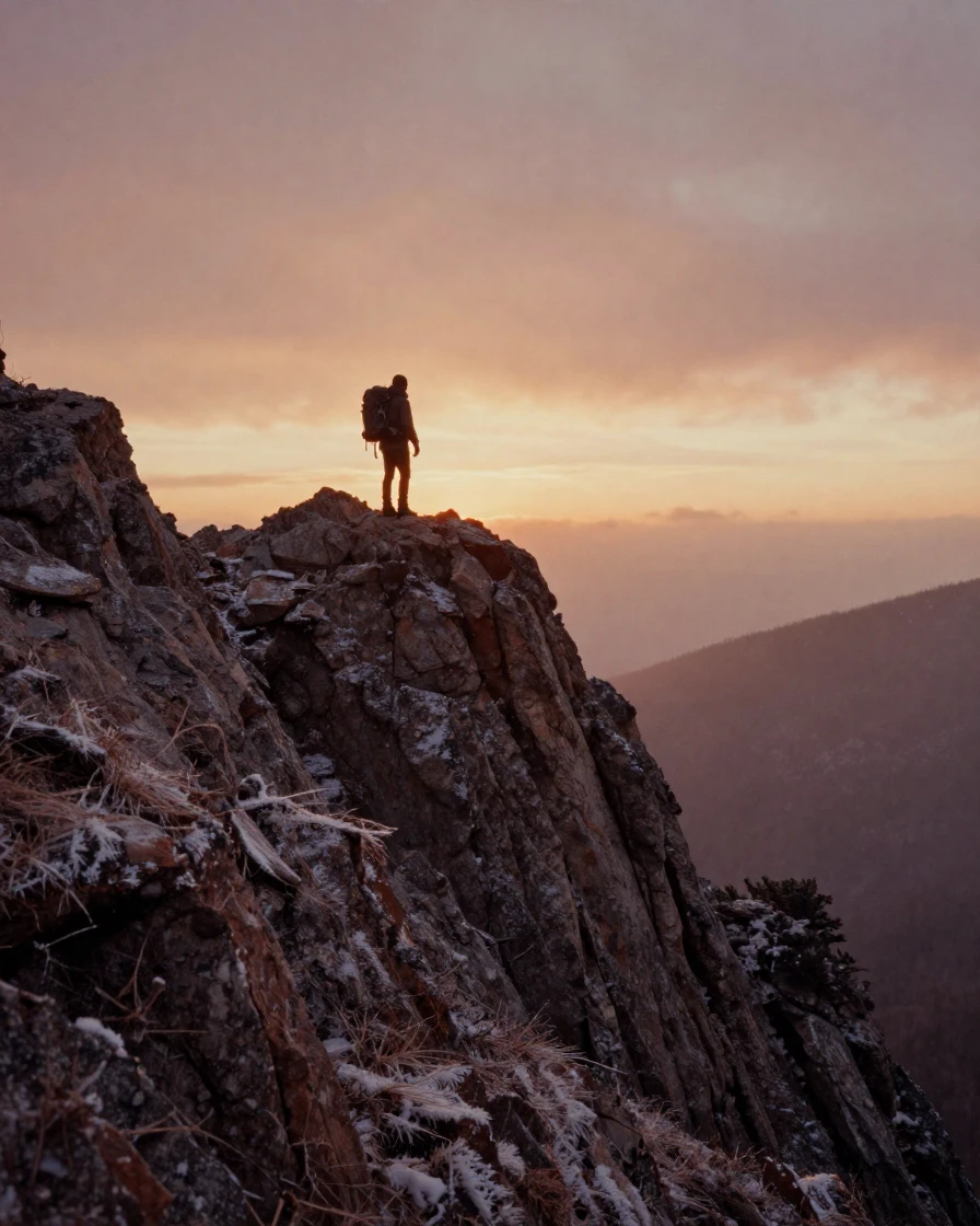 A lone hiker silhouetted against a mountain ridge at sunrise, under a glowing sunset sky, under a light drizzle, in the depths of winter, in earthy terracotta and ochre shades, captured from a low angle looking up.