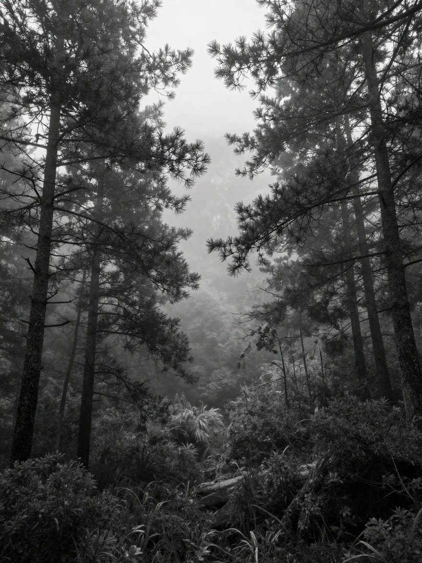 A fog-covered forest sits shrouded in swirling mist along a quiet mountain valley.