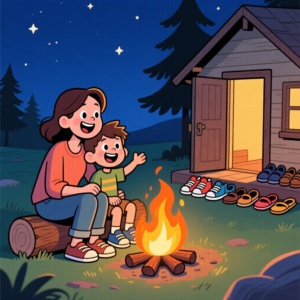 A heartwarming scene of a single mother and her son gathered around a campfire telling stories, with everyone's shoes kicked off by the door.