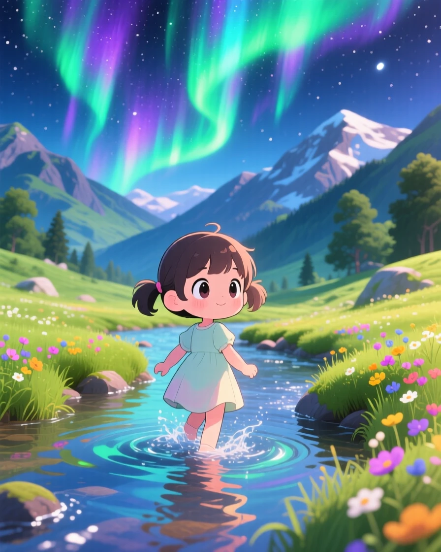 A young girl wading through a shallow mountain stream in a sunlit alpine valley beneath swirling aurora-lit skies; neon-lit glow washes over the scene as quiet contentment fills the moment. Over-the-shoulder view.