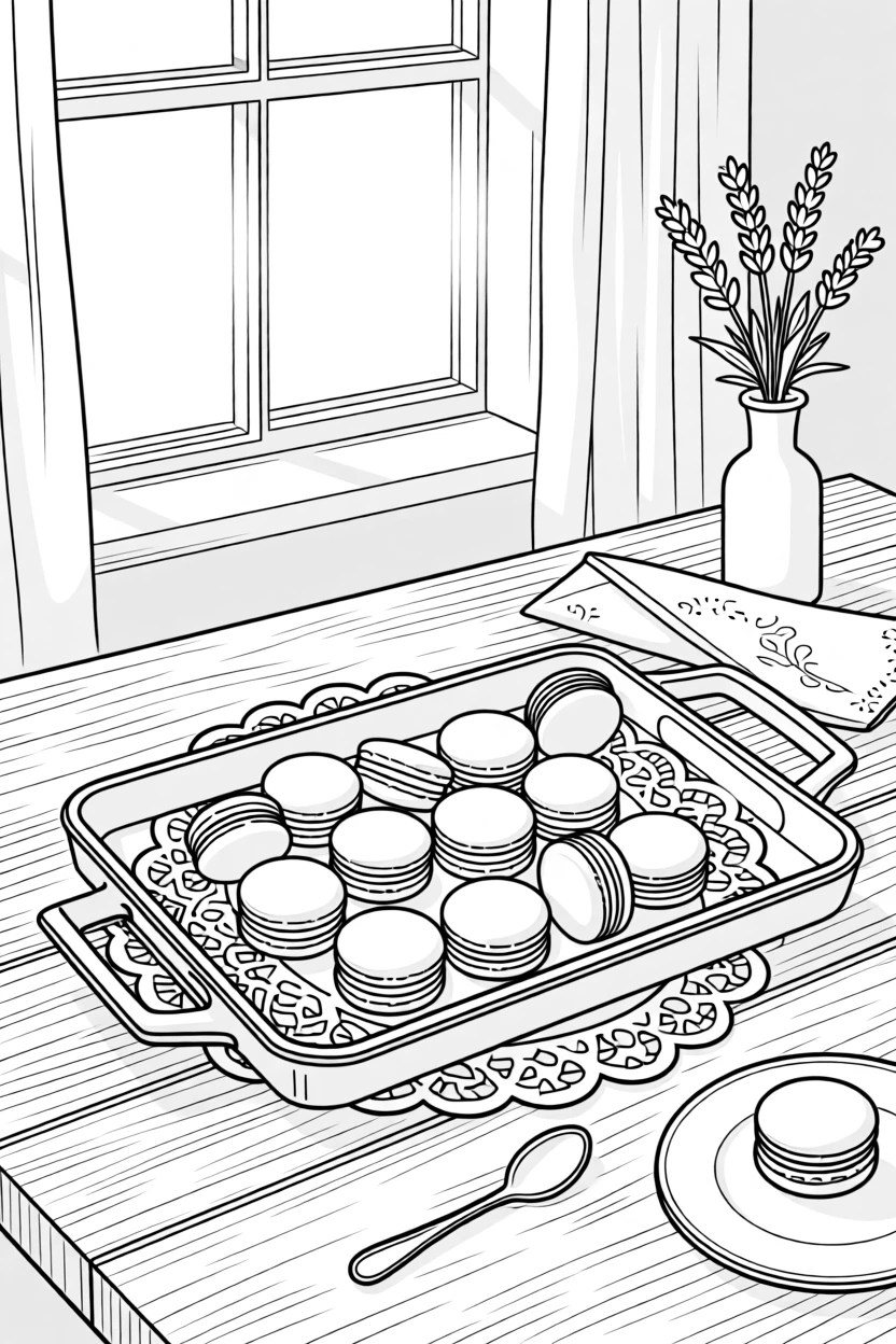 A tray of colorful macarons on a lace doily, with soft natural light streaming in from a nearby window.