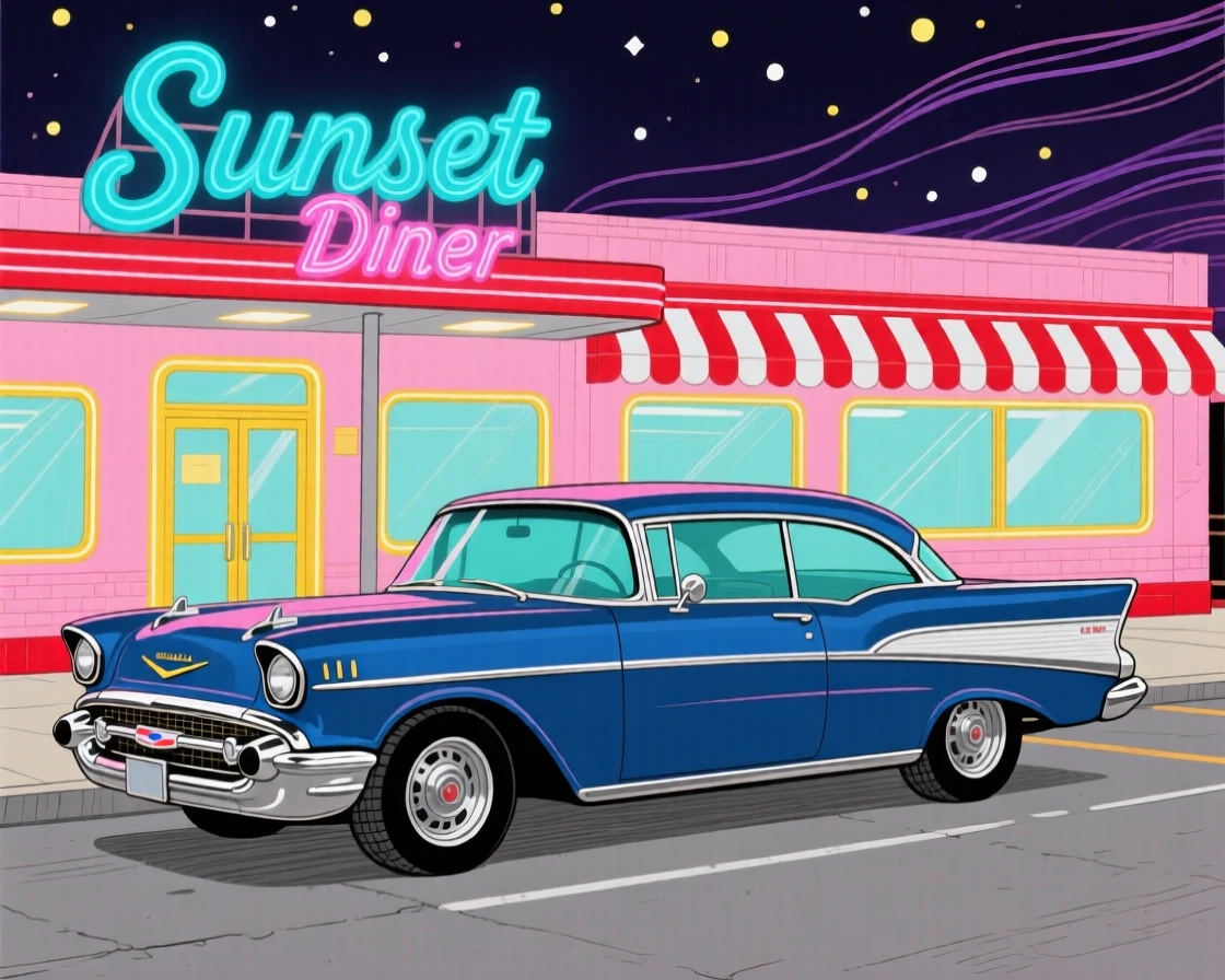 A classic car parked outside a retro diner at night.