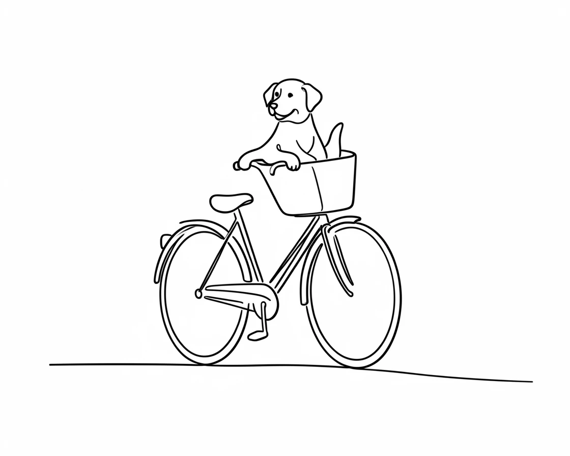 A small dog riding in a bicycle basket down a quiet street