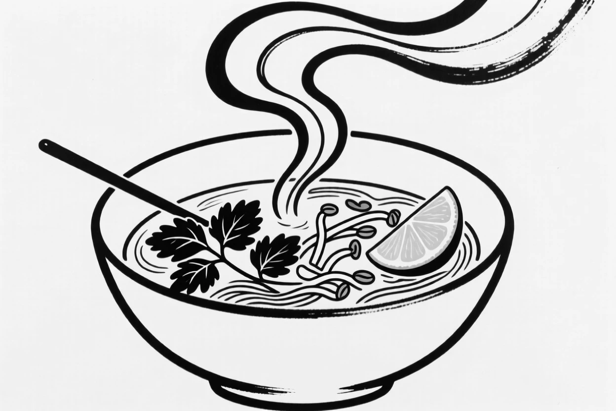 A bowl of pho with fresh herbs, lime, and bean sprouts.