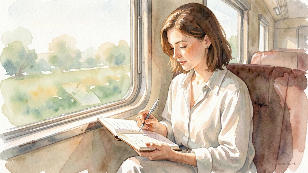 A woman journaling on a train by the window in a peaceful, unhurried moment.