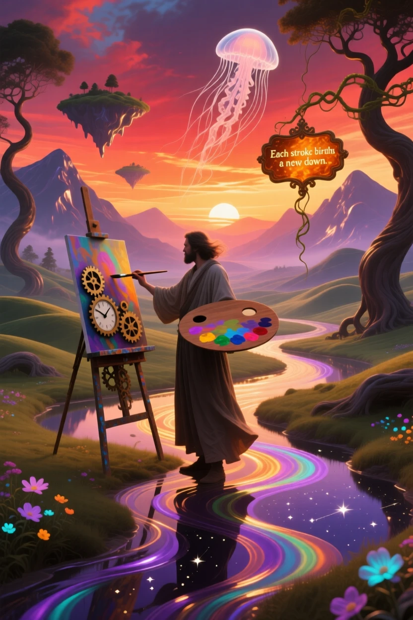 A painter capturing a sunset that changes color with every brushstroke travels onward through a landscape that shifts gently around them, while soft light gathers warmly around their figure.