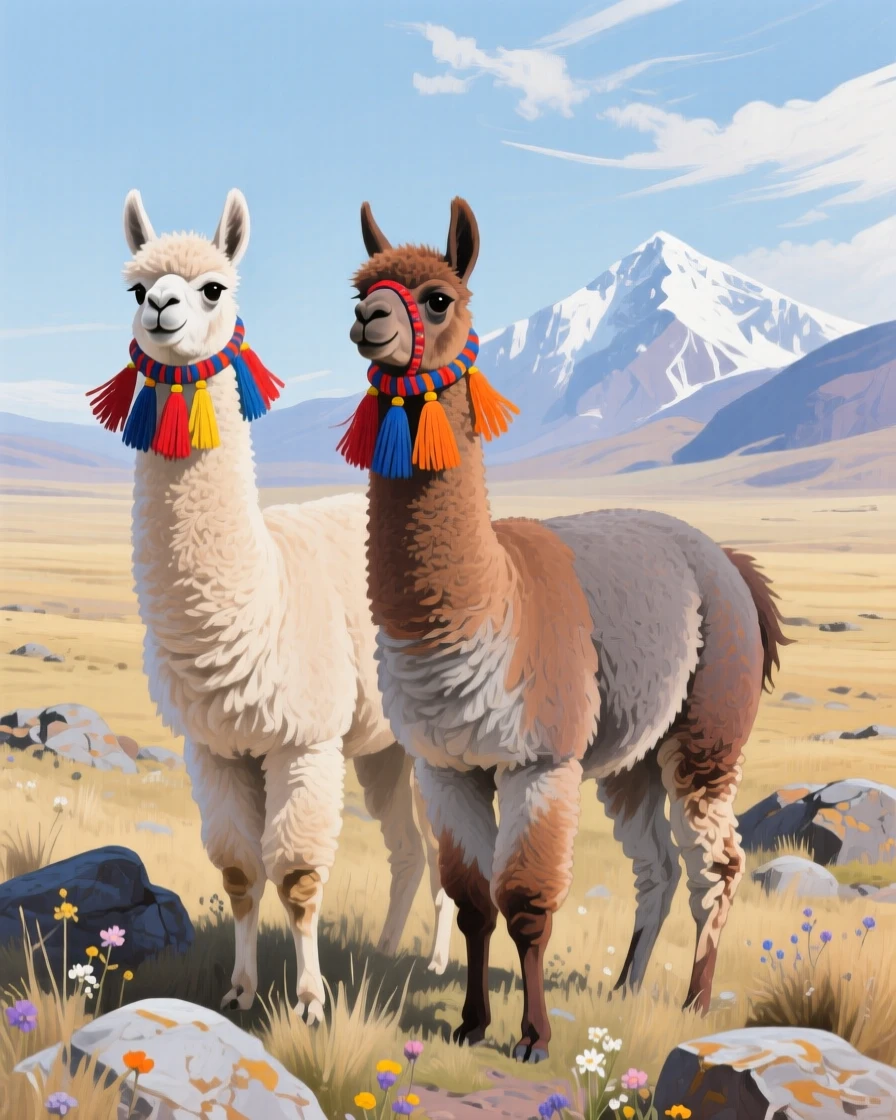 A pair of llamas stand alert on a high Andean plateau, their colorful woven ear tassels fluttering in the thin mountain wind, its posture alert yet relaxed, fully at ease within its natural surroundings.