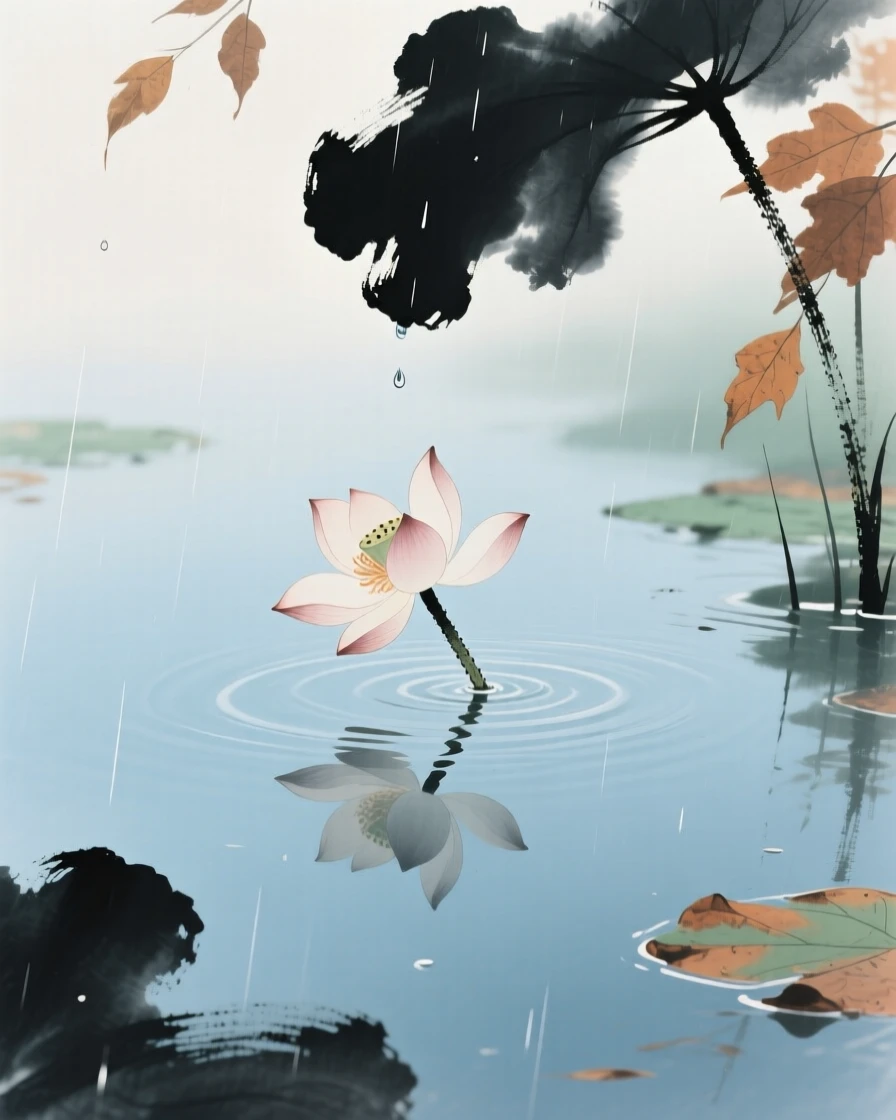 A single blossom floating on the surface of a still pond, beneath a sky washed clean by rain, suffused with quiet joy, at the turn of autumn.