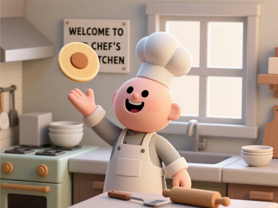 A cheerful chef flips a sizzling pancake high into the air inside a warm, cluttered kitchen.
