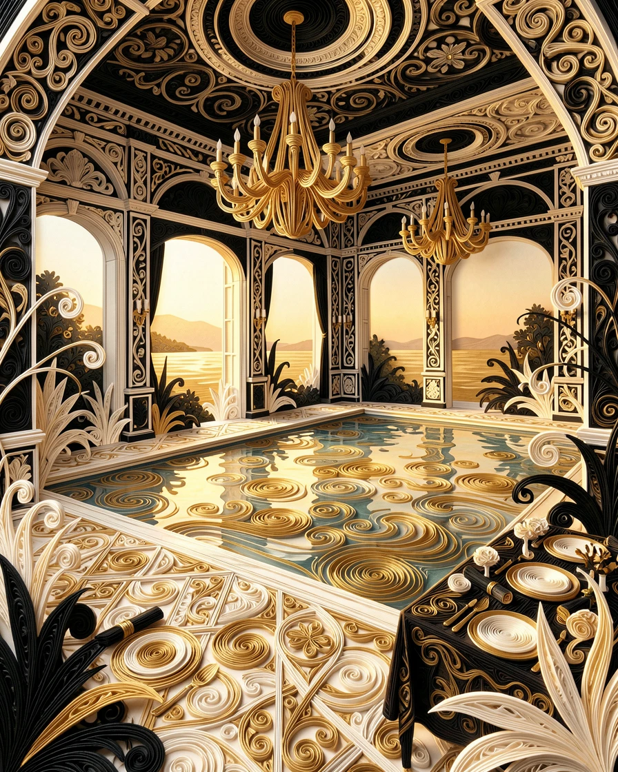 a grand ballroom set for an elegant evening gala, beside an infinity pool at golden hour, framed with rich, deep shadows for contrast, in a rich palette of black, gold, and ivory.